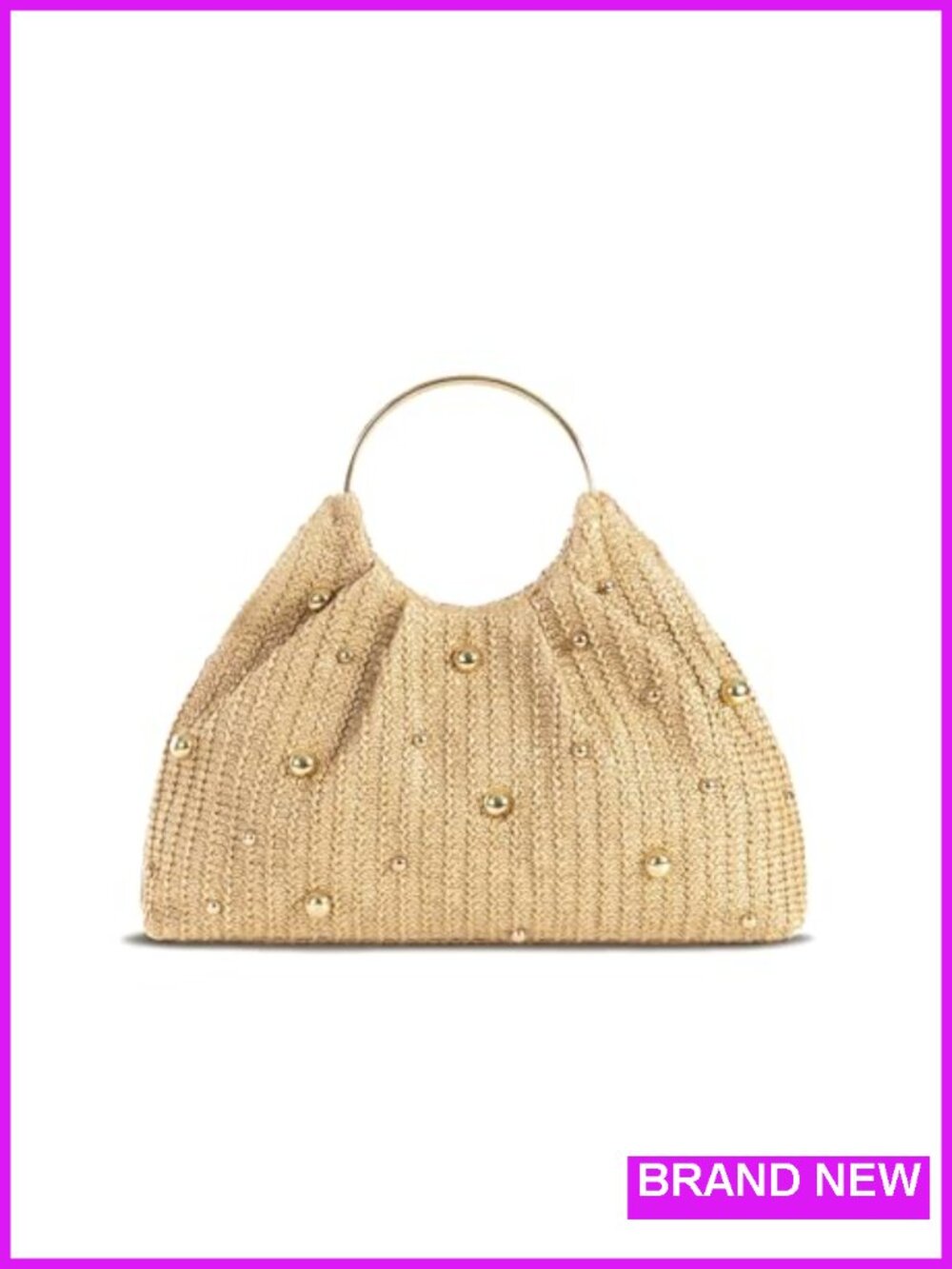 Boho Raffia Straw Beach Bag with Ring Handle Handwoven